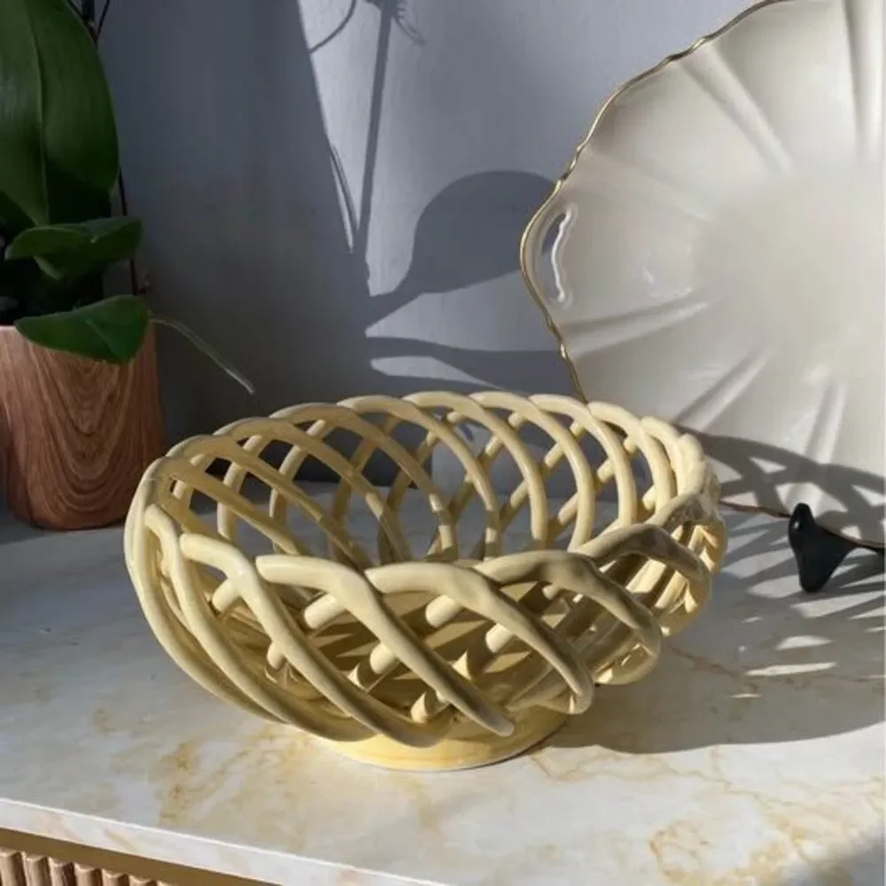 Lindsey Jordan Designs Ceramic Basket Bowl Fruit Bowl Centerpiece Yellow Weave